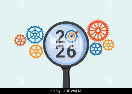 Vector illustration of gear elements arranged on left and right sides with a magnifying glass in the center displaying year 2026 Stock Vector
