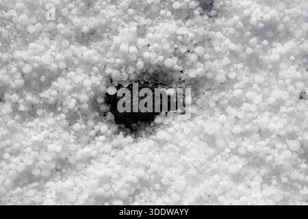 snow pattern background of soft hail broken by lava rock in Etna Park, Sicily, Italy Stock Photo