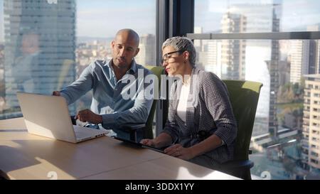 Coworkers collaborating on a laptop in a city office Stock Photo