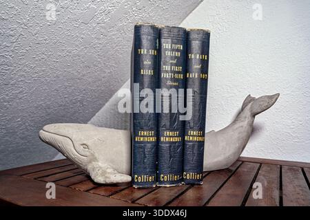 Classic Ernest Hemingway novels between dolphin-shaped bookends on a wooden shelf Stock Photo