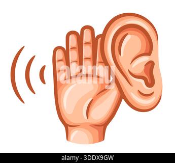 Ear hearing deafness, listen noise hold hand near head, sound sensory perception organ health. Eavesdrop conversation, interesting information gesture Stock Vector