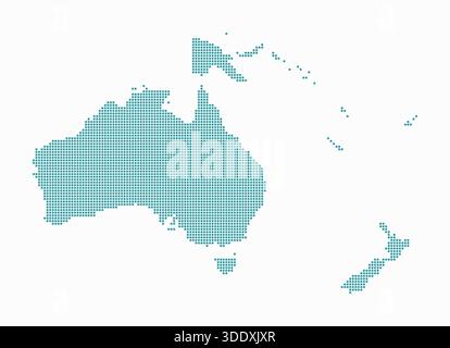Oceania dotted map. Digital style map of the continent on a white background. Oceania shape with square dots in a colored dots style. Stock Vector