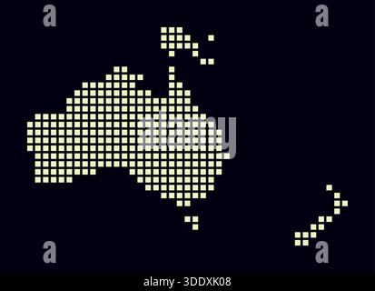 Oceania dotted map. Digital style map of the continent on a dark background. Oceania shape with square dots. Colored dots style. Large size squares. Stock Vector
