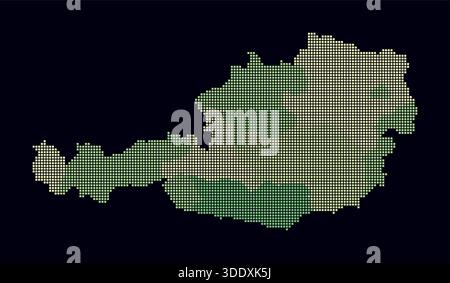 Austria dotted map. Digital style map of the country on a dark background. Austria shape with square dots. Colored dots style. Small size squares. Stock Vector