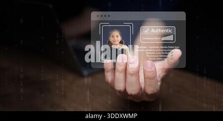 A man with laptop using facial recognition technology with AI deepfake detection to ensure biometric identity authentication, digital security, person Stock Photo
