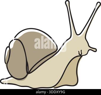 A beige garden snail with spiral shell moving slowly across a white field. Stock Vector