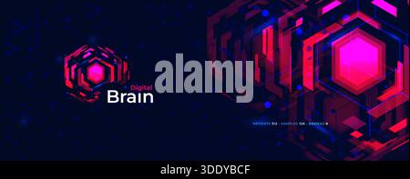 Artificial intelligence digital brain banner, neon hexagon tech background for AI data analytics, medical innovation, future healthcare presentations Stock Vector