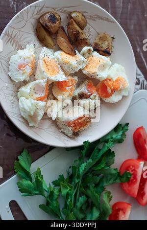 Detailed view of plate with sliced eggs, roasted potatoes, mushrooms, tomatoes, herbs on board in kitchen setting Stock Photo
