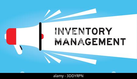 Color megaphone icon with word inventory management in white banner on blue background Stock Vector