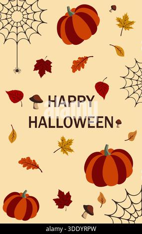 A vertical vector greeting card or banner with "Happy Halloween" text, surrounded by fall elements: pumpkins, colored leaves, spiderwebs with spiders, Stock Vector