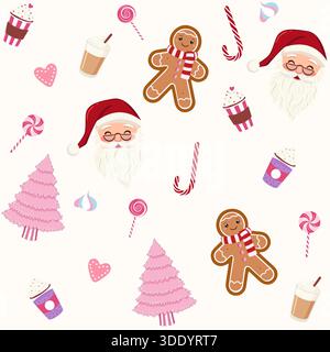 A festive vector seamless pattern featuring charming Christmas elements: Santa Claus faces, gingerbread men, pink Christmas trees, candy canes, lollip Stock Vector