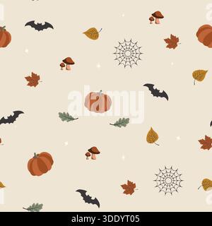 A chic, repeating vector pattern with bohemian fall and Halloween elements: pumpkins, bats, spiderwebs, mushrooms, and autumn leaves on a neutral back Stock Vector