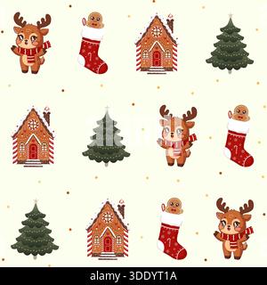 A festive seamless pattern featuring adorable Christmas elements: a kawaii reindeer with a scarf, a gingerbread house, a decorated Christmas tree, and Stock Vector