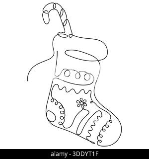 Minimalist one-line drawing of a holiday Christmas stocking filled with a candy cane and decorated with abstract floral and scroll patterns. Simple el Stock Vector