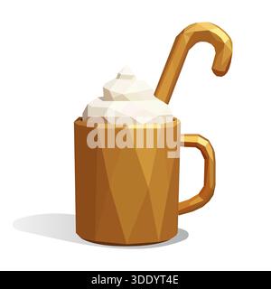 A festive 3D low poly style illustration of a golden mug filled with white whipped cream and a matching golden candy cane Perfect for elegant Christma Stock Vector