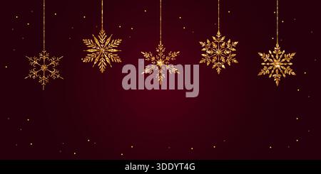 A luxurious winter holiday design featuring five sparkling golden snowflakes hanging against a deep rich burgundy background scattered with glowing do Stock Vector