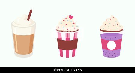 A set of three adorable illustrated beverages featuring a layered coffee drink and two festive cups with whipped cream sprinkles and a heart Ideal for Stock Vector