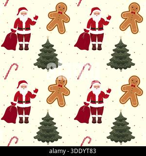 A festive vector seamless pattern featuring repeating illustrations of Santa Claus with his gift sack, happy gingerbread men, decorated Christmas tree Stock Vector