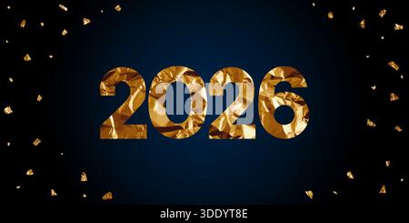 The year 2026 rendered in a rich, crumpled gold foil texture, centered on a deep, dark navy blue background, with scattered gold confetti surrounding Stock Vector