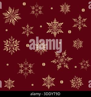 An elegant and luxurious seamless pattern featuring various ornate golden snowflakes and shimmering gold dots scattered across a rich, deep burgundy o Stock Vector