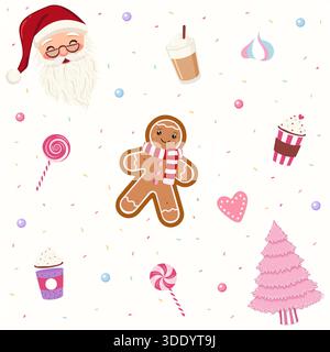 A charming seamless pattern featuring Santa Claus gingerbread man festive drinks pink Christmas tree lollipops and sweet confetti on a light backgroun Stock Vector