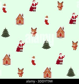 A festive and cheerful seamless pattern on a light mint green background, featuring classic Christmas icons: Santa Claus, a reindeer, a decorated stoc Stock Vector