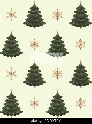 A warm and cozy seamless pattern featuring dark green Christmas trees decorated with lights and gold stars, alternating with vintage-style, intricate Stock Vector