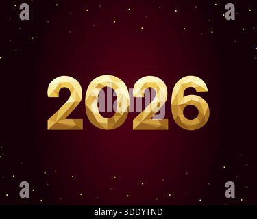A striking New Year 2026 design featuring bold golden low poly textured numbers set against a deep luxurious burgundy background with scattered glitte Stock Vector