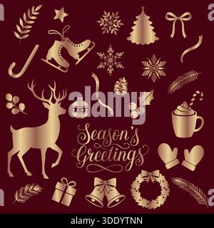 A set of elegant golden silhouette vectors on a deep red background, including a majestic deer, ice skates, snowflakes, Christmas tree, wreath, bells, Stock Vector