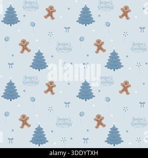 A charming, cool-toned seamless Christmas pattern featuring classic gingerbread men, decorated blue fir trees, various candies, and "Season's Greeting Stock Vector