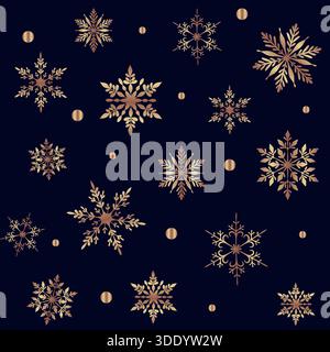 A sophisticated, seamless pattern featuring various ornate gold-toned snowflakes and metallic gold dots scattered across a deep navy blue, almost blac Stock Vector