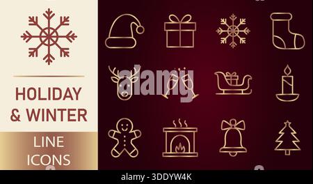 A set of 15 elegant golden line icons for holiday and winter themes, including snowflakes, Santa hat, gifts, reindeer, champagne, sleigh, stocking, gi Stock Vector