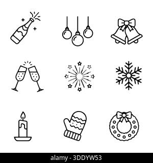 A collection of outline icons for Christmas and New Year celebrations featuring champagne, fireworks, snowflakes, candles, a wreath, and festive ornam Stock Vector