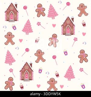 A whimsical festive seamless pattern featuring pink decorated Christmas trees gingerbread houses men with scarves lollipops and sweets on a light back Stock Vector