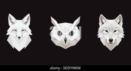 Minimalist low-poly illustration featuring the heads of a fox, an owl, and a wolf. This white geometric art set on a black background represents moder Stock Vector