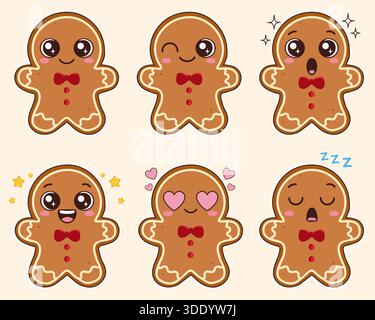 Cute cartoon set of six gingerbread man character emoticons with various facial expressions including happy winking surprised excited in love and slee Stock Vector