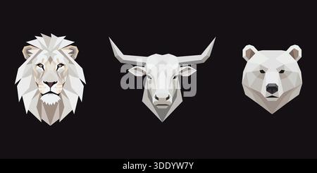 Vector illustration set featuring a white lion, bull, and polar bear head crafted in a modern geometric low poly art style isolated against a dark bac Stock Vector