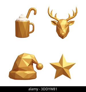 Four luxurious, low-poly 3D golden Christmas icons: a hot chocolate mug with a candy cane and whipped cream, a majestic reindeer head, a festive Santa Stock Vector