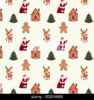 A dense and festive seamless pattern showcasing various iconic Christmas elements: Santa Claus with his sack, a happy gingerbread man, a decorated Chr Stock Vector