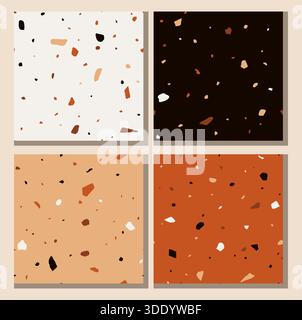 A stylish collection of four seamless terrazzo patterns featuring large, bold fragments in terracotta, black, white, and orange set against contrastin Stock Vector