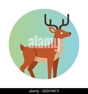 A modern, minimalist flat illustration of a brown deer or stag with large antlers, set against a circular gradient background of green and blue, perfe Stock Vector