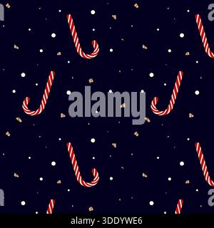 A festive and sweet seamless pattern on a deep navy background, featuring classic red and white striped candy canes interspersed with falling white sn Stock Vector