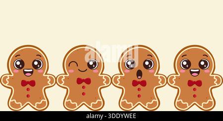 A fun and charming horizontal border featuring four adorable gingerbread men expressing different emotions (happy, winking, surprised). Each cookie we Stock Vector