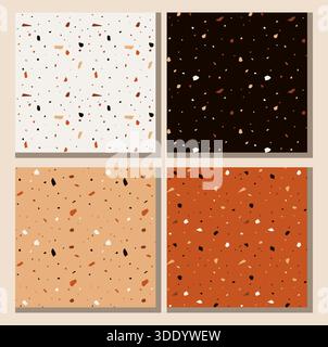 A stylish collection of four seamless terrazzo patterns featuring large, bold fragments in terracotta, black, white, and orange set against contrastin Stock Vector