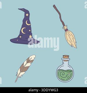 A charming collection of line art illustrations featuring magical elements: a classic witch's hat with stars and moons, a traditional broomstick, a fe Stock Vector
