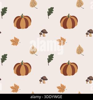 A chic, repeating vector pattern with bohemian fall and Halloween elements: pumpkins, bats, spiderwebs, mushrooms, and autumn leaves Stock Vector