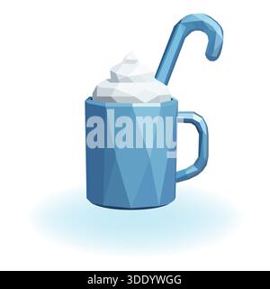 A crisp low-poly illustration of a blue mug filled with whipped cream and a candy cane, evoking a chilly yet cozy winter holiday feeling Stock Vector