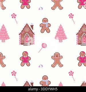 A sweet and playful seamless pattern featuring various pink and pastel Christmas elements: gingerbread characters, pink Christmas trees, gingerbread h Stock Vector