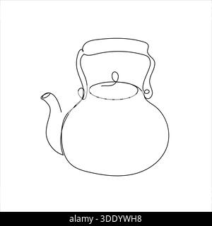 A clean and elegant vector illustration of a teapot, expertly rendered with a single, continuous black line on a white background. Perfect for cafe, k Stock Vector