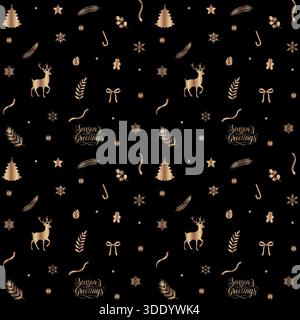 An opulent, festive seamless pattern featuring various golden metallic Christmas icons, including deer, bows, snowflakes, and holiday foliage, set aga Stock Vector